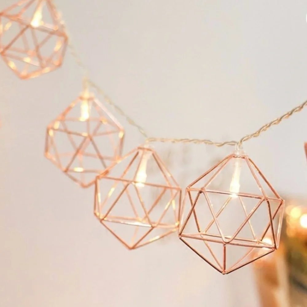 Metal String Lights, 10ft 20LED Rose Gold Metal Geometric Lights Battery Powered